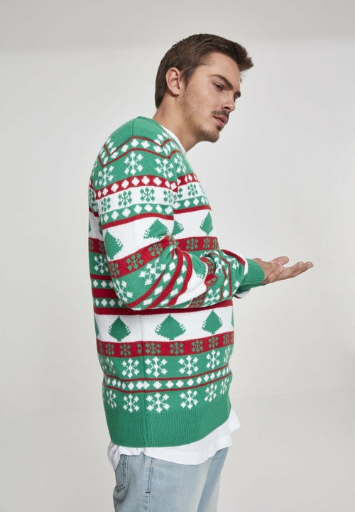 Snowflake Christmas Tree Sweater - Green White Red